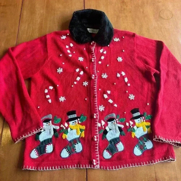VTG Victoria Jones Christmas Sweater Large Red Button Up Cardigan Snowman - Picture 2 of 11